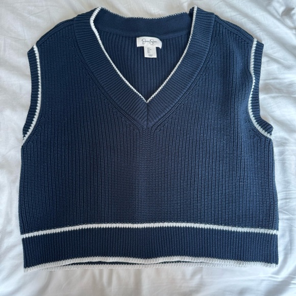 Jessica Simpson Dark Blue sweater vest Knit Top white trim Large preppy - Picture 1 of 6